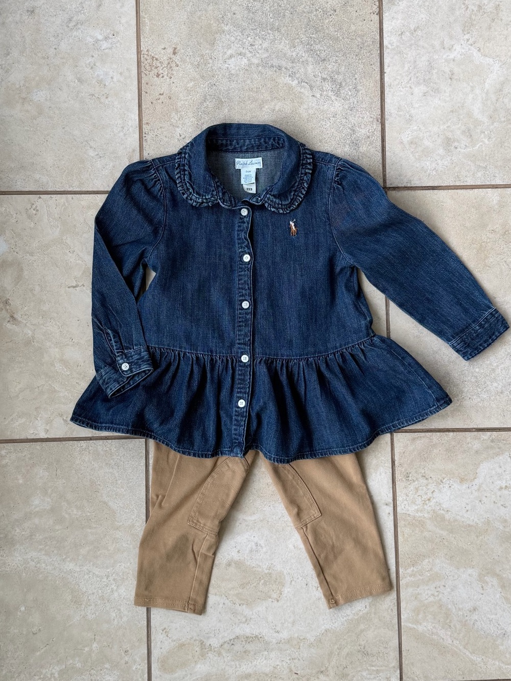 Ralph Lauren Navy Denim Peplum Shirt Dress with Tan Leggings
